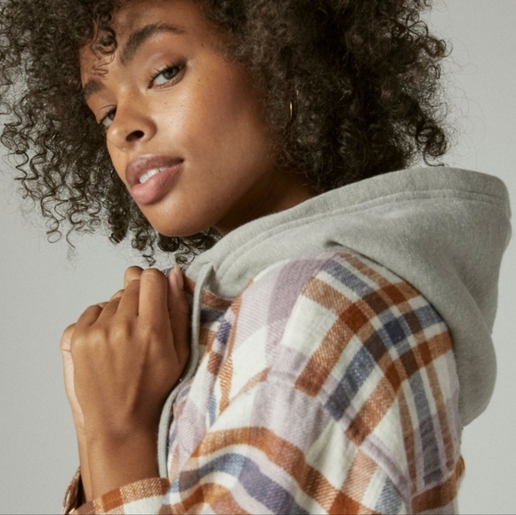 Lucky Brand Plaid Shirt Hooded Crop Boxy - Picture 4 of 9